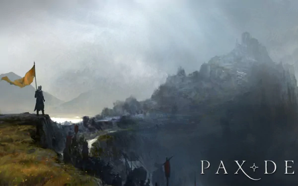 HD wallpaper featuring a figure with a flag overlooking a misty valley and rugged mountains, teeming with medieval fantasy ambiance, tagged with the game title Pax Dei in the corner.