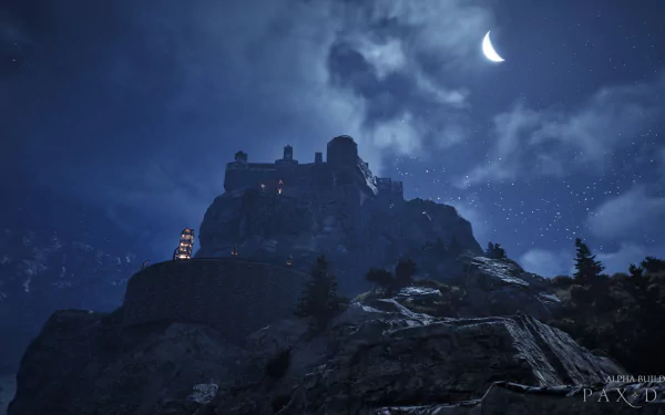 HD desktop wallpaper of the video game Pax Dei featuring a moonlit castle atop a rocky hill with a cloudy night sky.