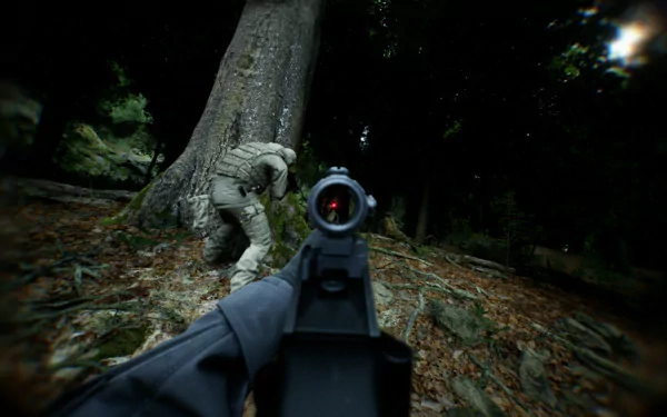 HD desktop wallpaper showing a first-person shooter video game scene from a bodycam perspective, with a soldier aiming a rifle at another soldier hiding behind a tree in a forest setting.