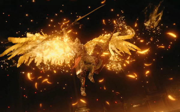 High-definition desktop wallpaper featuring a dynamic scene from the video game Elden Ring: Shadow of the Erdtree, showcasing a glowing, winged character amid fiery sparks.