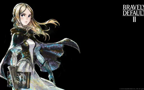 Bravely Default II 4K Ultra HD PC Desktop Wallpaper and Background: watercolor-style cloaked heroine holding a book on a black background with the game logo in the top right.