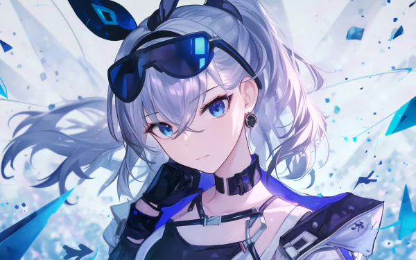 HD desktop wallpaper featuring Silver Wolf from the video game Honkai: Star Rail. She has silver hair, blue eyes, sunglasses on her head, and a serious expression. Background showcases a dynamic and futuristic design.