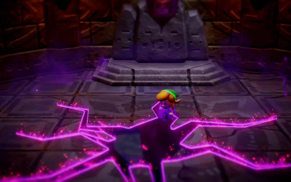 HD desktop wallpaper and background from The Legend of Zelda: Echoes of Wisdom, featuring a character in a colorful outfit standing on a cracked, glowing purple floor with a stone structure in the background.