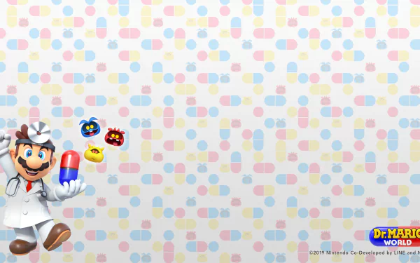 4K Ultra HD Dr. Mario World PC desktop wallpaper featuring Dr. Mario holding a capsule with colorful virus characters against a pastel patterned background.