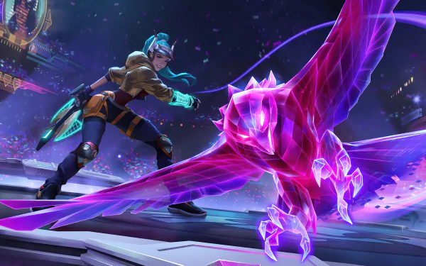 A vibrant HD desktop wallpaper featuring Quinn from League of Legends, showcasing her dynamic action alongside a mystical purple owl in a lively, colorful setting.