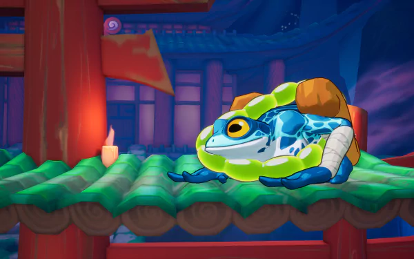 HD desktop wallpaper from the video game Rivals 2 featuring a colorful, cartoonish frog resting on a green roof in a vibrant, oriental-inspired setting.