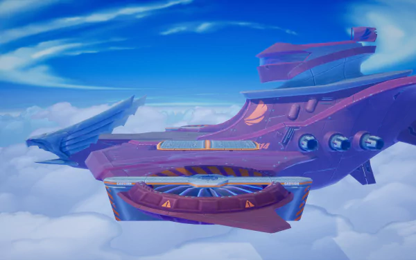 A high-definition desktop wallpaper and background featuring a vibrant, futuristic airship level from the video game Rivals 2, set against a bright blue sky with swirling clouds.