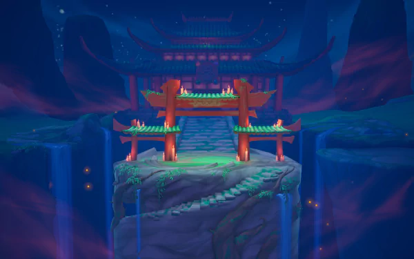 HD desktop wallpaper of a serene night scene in the video game Rivals 2, featuring a torii gate on a cliff with waterfalls and a traditional Asian temple in the background.