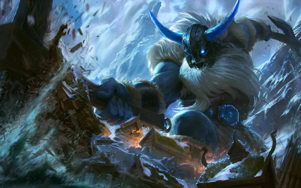 HD wallpaper of Olaf from League of Legends, depicted with blue horns amidst an icy, mountainous background, embodying the fierce warrior spirit in the video game.