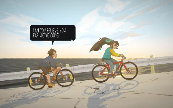Two characters riding bicycles along a seaside road, with the text Can you believe how far we've come? above them. Tagged: video game, Until Then. HD desktop wallpaper and background image.