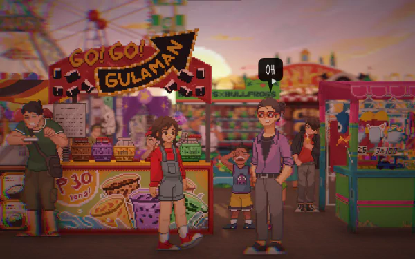 A vibrant HD desktop wallpaper from the video game Until Then, showcasing characters enjoying a colorful carnival scene at sunset.