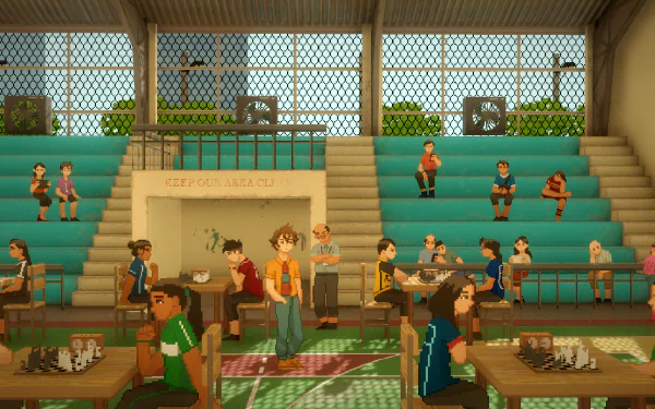 HD wallpaper from the video game Until Then featuring characters in a gymnasium setting, with various individuals seated and engaged in activities.