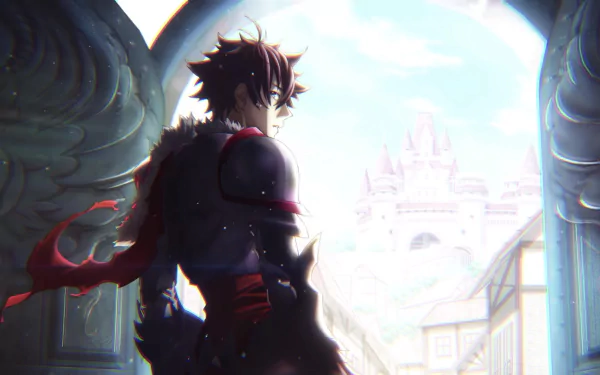 HD desktop wallpaper featuring a character from the anime I Got a Cheat Skill in Another World and Became Unrivaled in The Real World Too, standing dramatically in front of a castle backdrop.