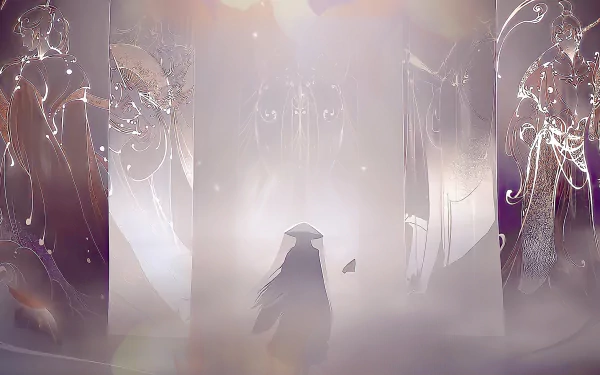 HD desktop wallpaper featuring Xie Lian from Heaven Official’s Blessing (Tian Guan Ci Fu) standing amidst ethereal, glowing figures in a misty, celestial setting.
