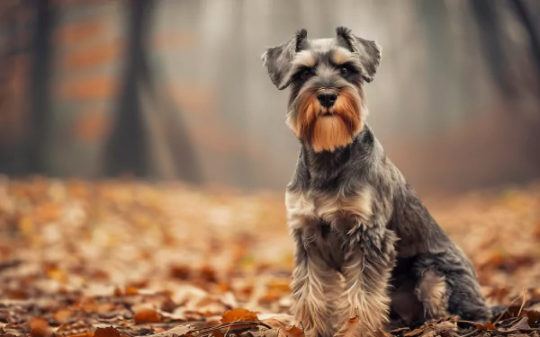 A cute Schnauzer dog sits amidst autumn leaves in a forest, captured in high definition, making for a charming desktop wallpaper background.