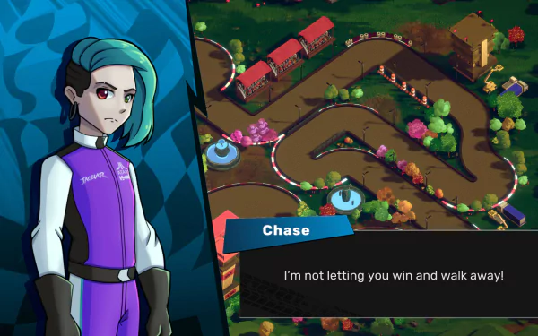 HD desktop wallpaper and background from the video game NeoSprint, featuring a determined character named Chase with the text I'm not letting you win and walk away! displayed beside a colorful race track.

