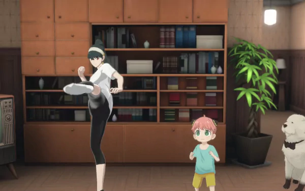 HD desktop wallpaper from the video game SPY×ANYA: Operation Memories depicting a kickboxing woman, a child, and a dog in a room with a bookcase and plant.