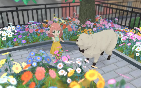A HD desktop wallpaper featuring a scene from SPY×ANYA: Operation Memories, depicts a girl with pink hair standing in a flower garden next to a large white dog.