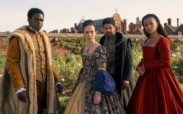 HD desktop wallpaper featuring characters from the movie My Lady Jane in historical costumes against a backdrop of a castle.