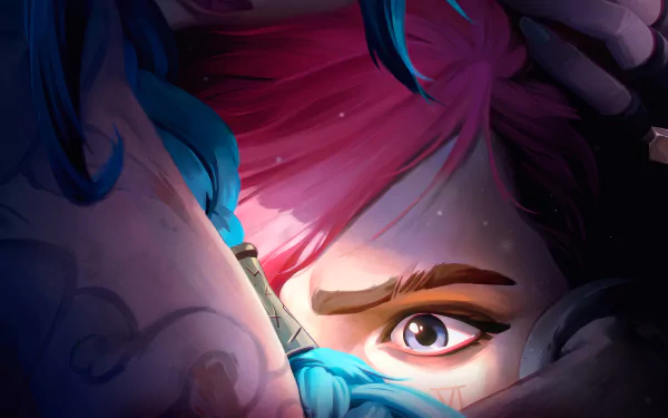 HD desktop wallpaper of VI from Arcane Season 2. The image features a close-up of her face with intense, colorful elements, tagged with TV show, Arcane, Arcane Season 2, and VI (League of Legends).