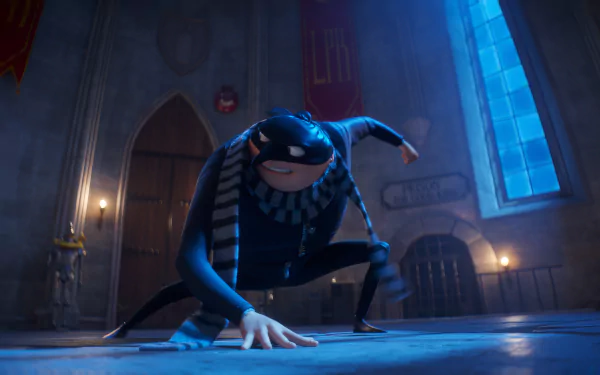 HD desktop wallpaper featuring Gru from Despicable Me 4, crouching in a dimly-lit, castle-like room with stone walls and stained glass windows.