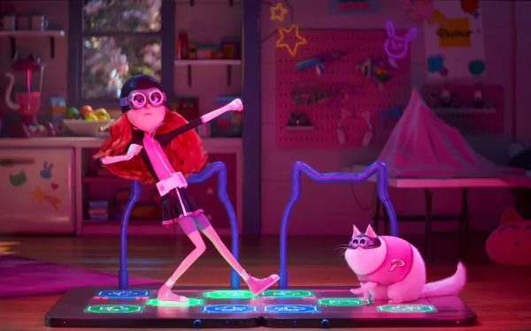 An animated scene from Despicable Me 4 featuring a girl with red hair and a cat wearing goggles in a colorful room, both enjoying a dance game. The image is a HD desktop wallpaper.