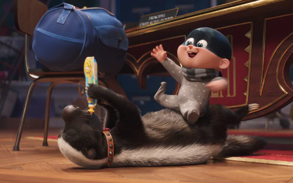 A HD wallpaper from the movie Despicable Me 4 featuring a baby in a grey onesie riding a playful skunk, with a blue backpack in the background.