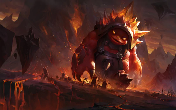HD desktop wallpaper featuring Rammus from the video game League of Legends, set against a dramatic, fiery landscape with molten lava and jagged mountains.
