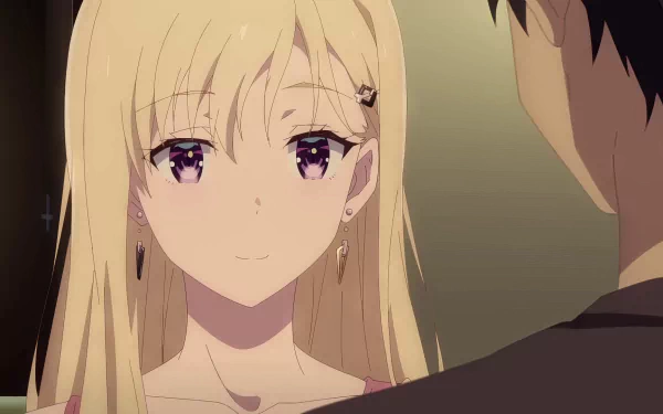 HD desktop wallpaper featuring a scene from the anime Days with My Stepsister, showcasing a close-up of a smiling blonde girl with purple eyes.