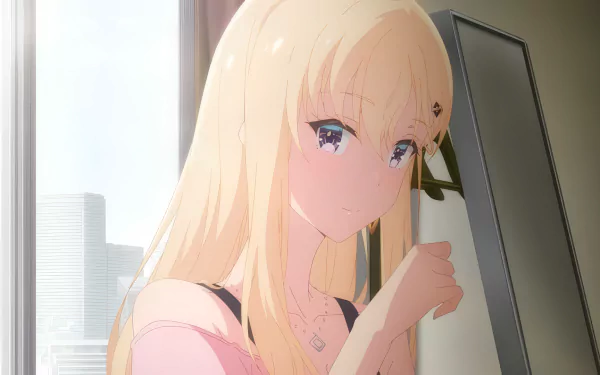 HD desktop wallpaper featuring a character from the anime Days with My Stepsister, with a serene expression, light blonde hair, and a detailed background view of a cityscape from a window.