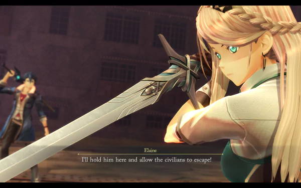 HD wallpaper from The Legend of Heroes: Trails through Daybreak with a character brandishing a sword, vowing to hold the enemy and allow civilians to escape.