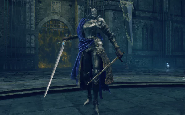 Knight Rellana Twin Moon from Elden Ring Shadow of the Erdtree stands poised with dual swords in a gothic setting. HD wallpaper for fans of the video game Elden Ring.