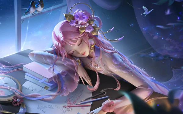 HD desktop wallpaper featuring a character with pink hair from the video game Honor of Kings, resting on a desk surrounded by books and papers, in a dreamy, ethereal setting with birds and soft lighting.