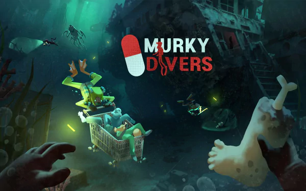 HD desktop wallpaper of the video game, Murky Divers, featuring an underwater scene with divers near a sunken ship, colorful marine life, and the game's title prominently displayed.