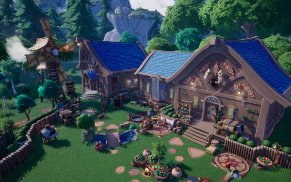 HD desktop wallpaper of the video game Palia, featuring a charming village scene with detailed houses, lush greenery, and scenic mountain background.