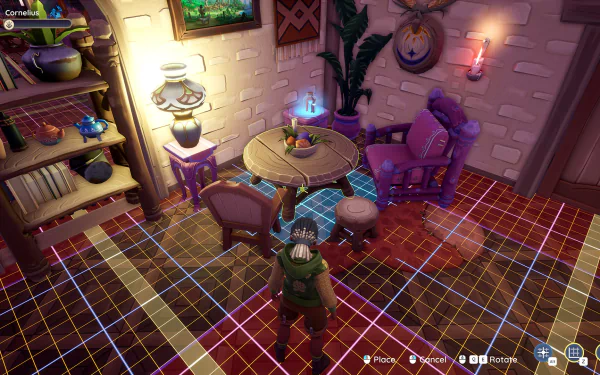 HD desktop wallpaper featuring a cozy interior scene from the video game Palia, showing a character standing in a vibrantly lit room with a table, chairs, bookshelves, and various decorations.