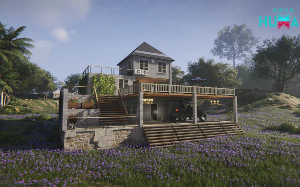 HD desktop wallpaper and background featuring a scenic house surrounded by nature from the video game Once Human, under a clear sky.