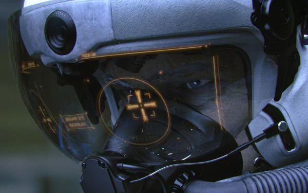 HD wallpaper of Ace Combat 7: Skies Unknown, featuring a close-up of a pilot's helmet with a reflective visor displaying HUD elements.