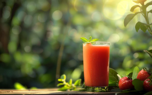 A HD desktop wallpaper featuring a glass of strawberry juice garnished with mint, set against a lush, sunlit background with fresh strawberries.