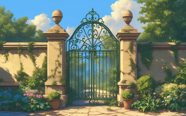 HD desktop wallpaper featuring a charming green wrought iron gate as the entryway, surrounded by lush greenery and colorful flowers, set against a blue sky with fluffy clouds.
