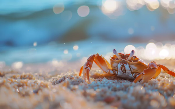 HD desktop wallpaper and background featuring a close-up of a crab on a sandy beach with waves and a bokeh effect in the background.
