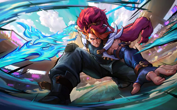 HD desktop wallpaper featuring Xin Zhao from League of Legends, showcasing an action-packed scene with vivid colors and dynamic motion.