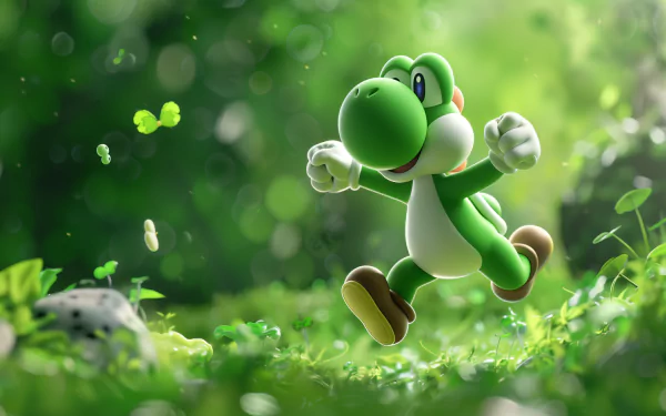 HD desktop wallpaper featuring Yoshi from a video game, running joyfully through a lush, green environment with detailed foliage in the background.