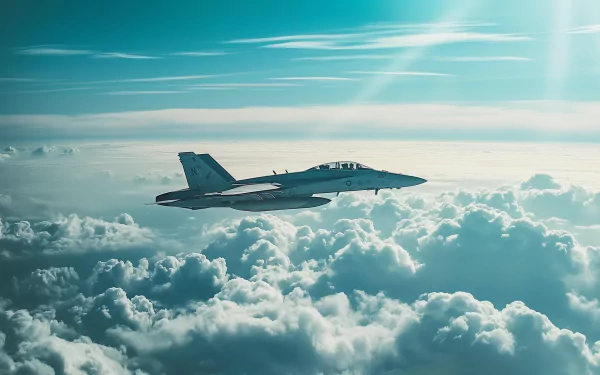 HD PC desktop wallpaper featuring an F-18 Hornet jet flying above a sea of clouds under a bright, blue sky.