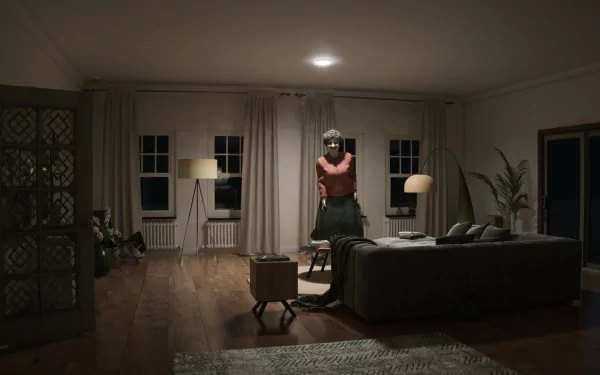 HD desktop wallpaper and background from the video game Supernatural (2024), featuring a dimly lit living room with a mysterious human-like figure standing near a couch.