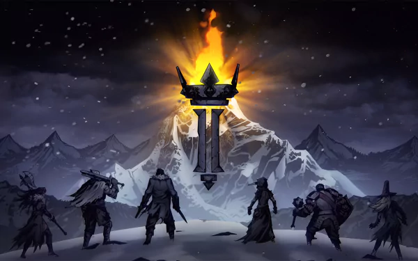 HD desktop wallpaper of Darkest Dungeon II, featuring characters standing before a mountain at night with a fiery emblem in the sky.