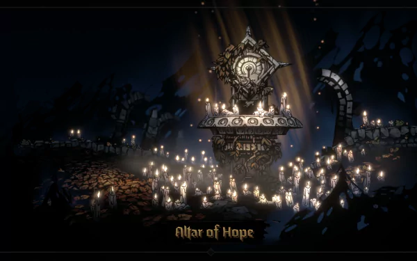 Darkest Dungeon II HD wallpaper showing the 'Altar of Hope' illuminated by numerous candles amidst a dark, atmospheric background.