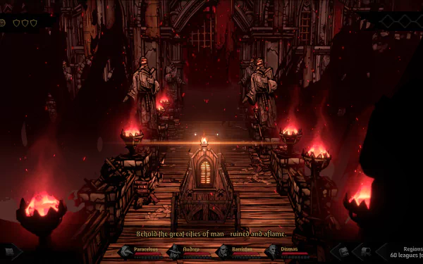 HD desktop wallpaper of Darkest Dungeon II with a dark, gothic ambiance featuring eerie statues, flickering red torches, and a foreboding pathway.