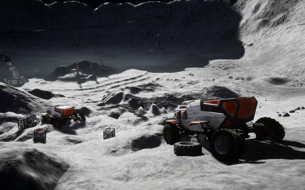 HD desktop wallpaper of the video game Deliver Us The Moon, depicting a rugged lunar landscape with two futuristic rovers navigating the moon’s surface.