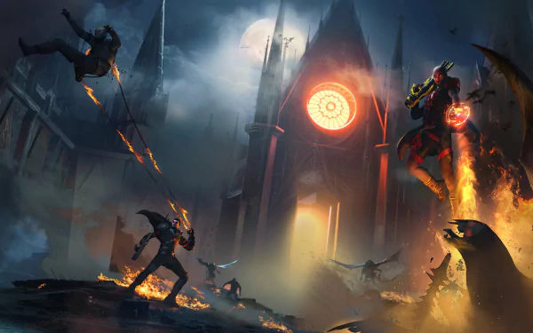 HD wallpaper of the video game EvilVEvil, featuring an intense battle scene set against a gothic cathedral backdrop under a full moon.